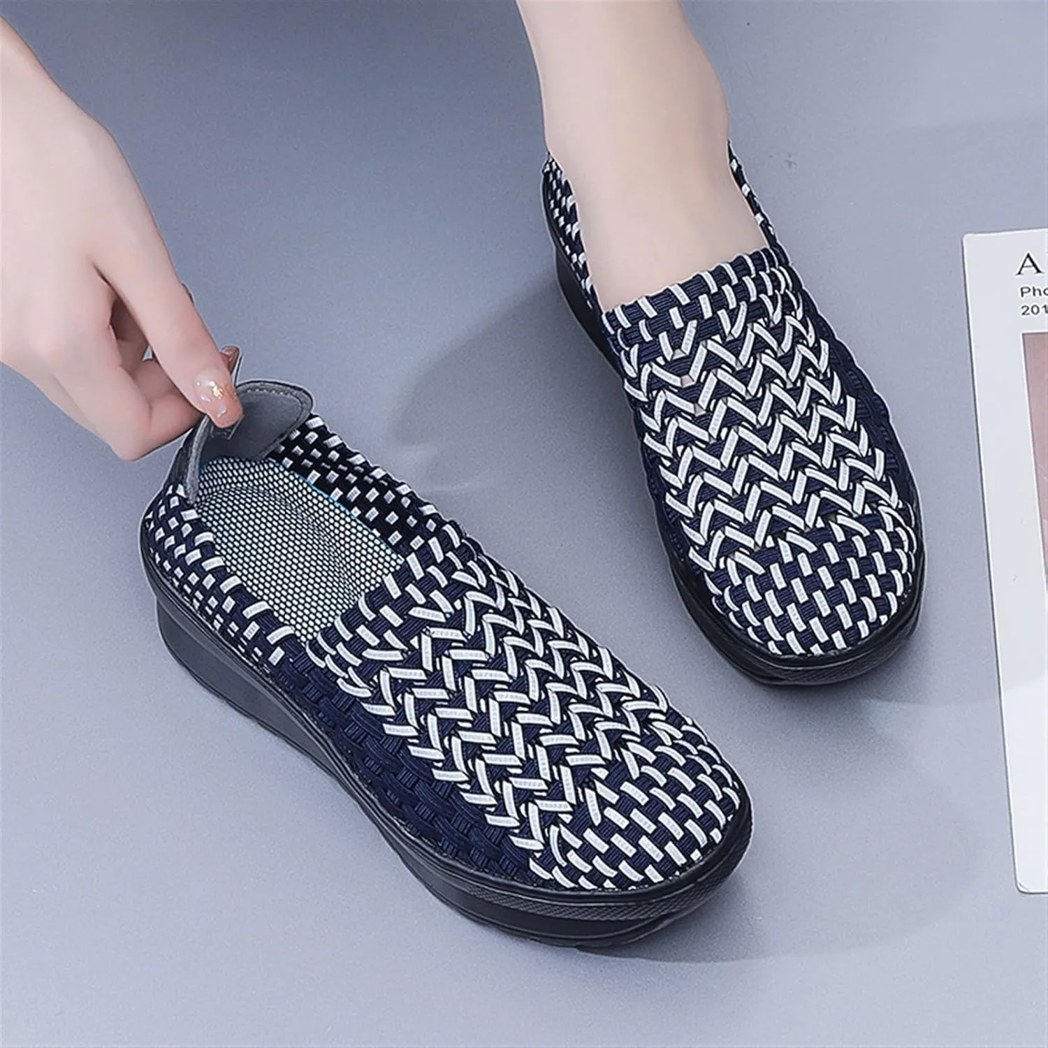 Women's Platform Wedge Sandals Elastic Wedges Woven Pumps Shoes Closed Toe Wedges for Women Walking Mary Jane Shoes