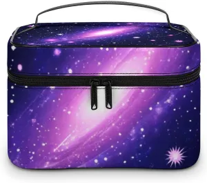 Women's Portable Makeup Bag, Travel Large Cosmetic Storage Case Space Galaxy Constellation Zodiac Star Purple Blue Toiletry Organizer Bag with Zipper Pouch