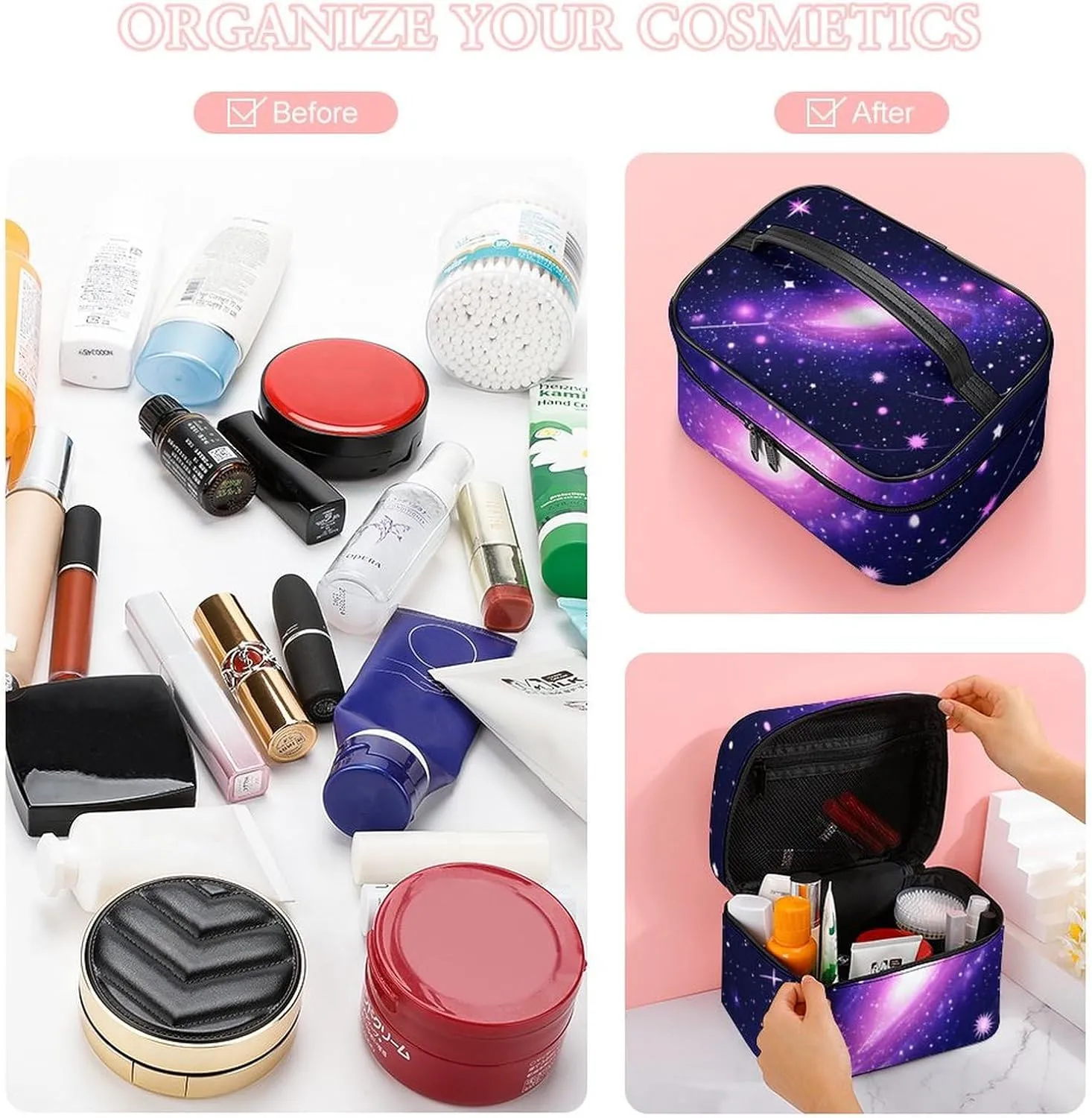 Women's Portable Makeup Bag, Travel Large Cosmetic Storage Case Space Galaxy Constellation Zodiac Star Purple Blue Toiletry Organizer Bag with Zipper Pouch