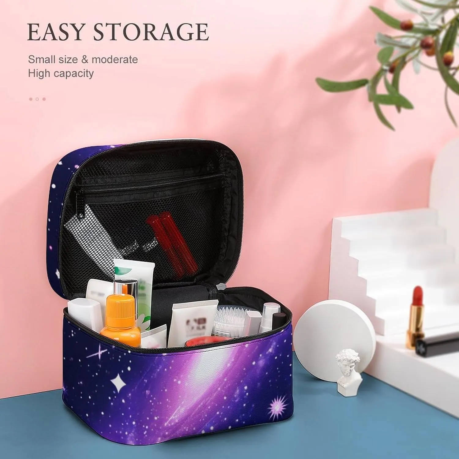 Women's Portable Makeup Bag, Travel Large Cosmetic Storage Case Space Galaxy Constellation Zodiac Star Purple Blue Toiletry Organizer Bag with Zipper Pouch