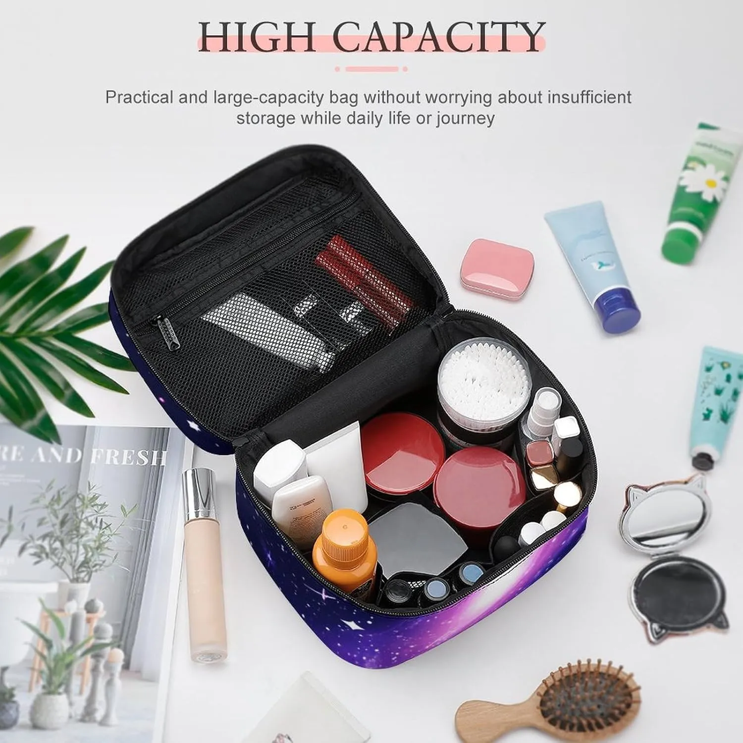 Women's Portable Makeup Bag, Travel Large Cosmetic Storage Case Space Galaxy Constellation Zodiac Star Purple Blue Toiletry Organizer Bag with Zipper Pouch