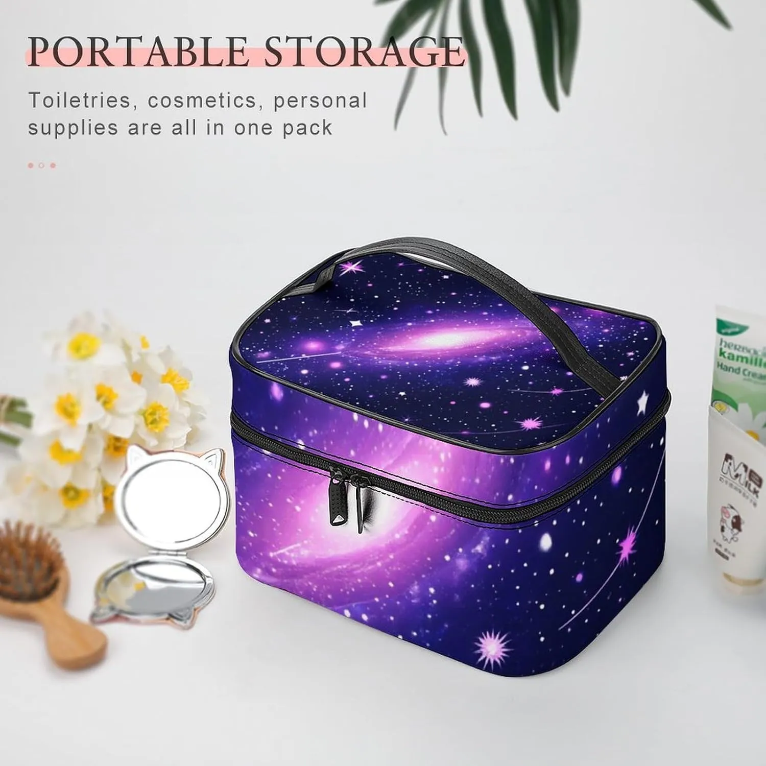 Women's Portable Makeup Bag, Travel Large Cosmetic Storage Case Space Galaxy Constellation Zodiac Star Purple Blue Toiletry Organizer Bag with Zipper Pouch