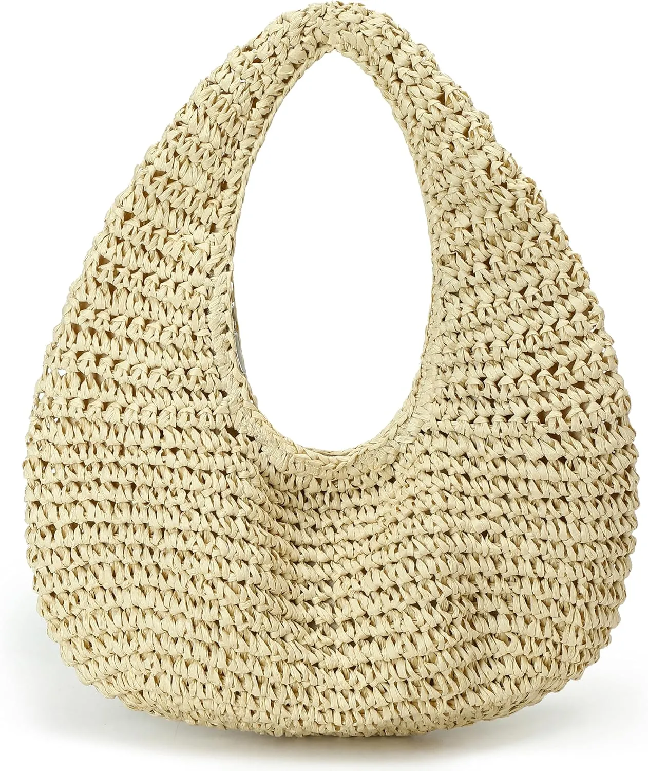 Women's Small Handmade Woven Straw Summer Beach Crescent Hobo Tote Bag