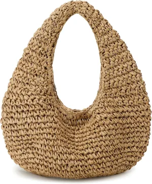 Women's Small Handmade Woven Straw Summer Beach Crescent Hobo Tote Bag