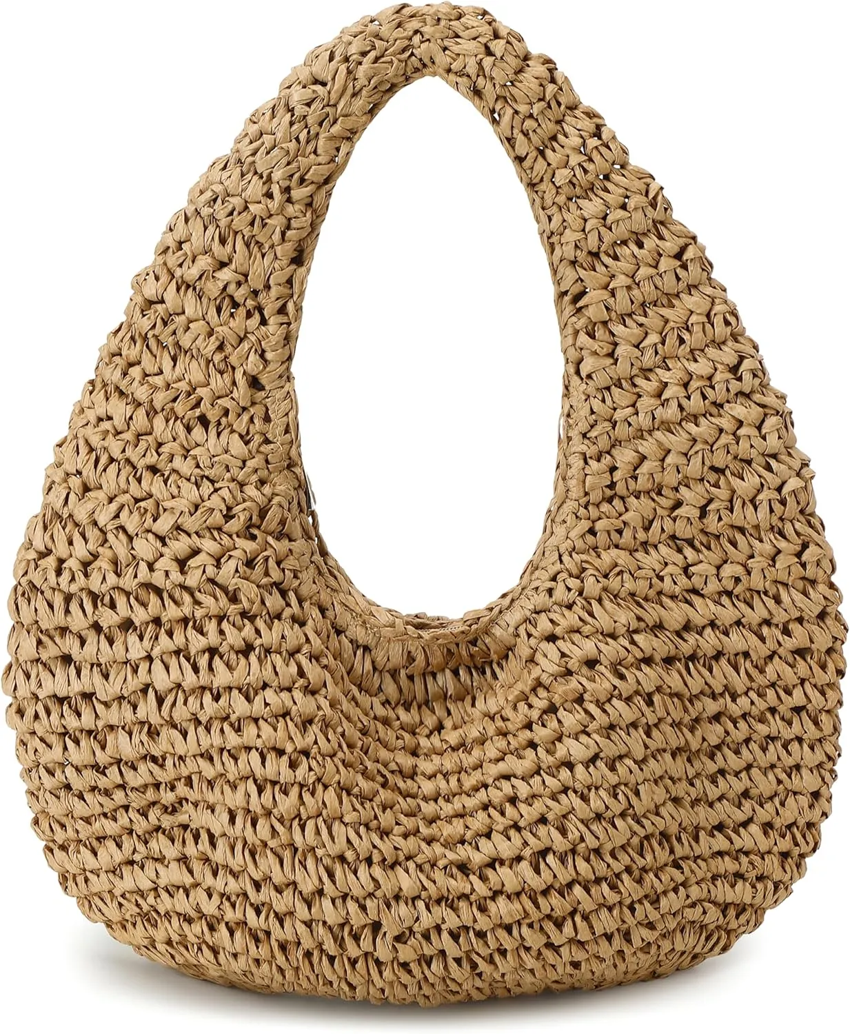 Women's Small Handmade Woven Straw Summer Beach Crescent Hobo Tote Bag