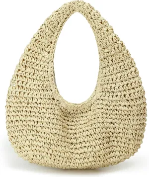 Women's Small Handmade Woven Straw Summer Beach Crescent Hobo Tote Bag