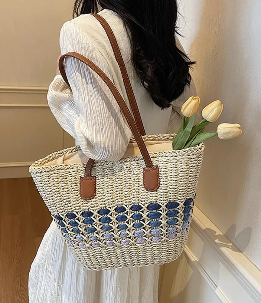 Women’s Tote Bag Straw Beach Shoulder Handbag Fashion Purse 2025 Summer Vacation Travel Woven Top Handle Bag