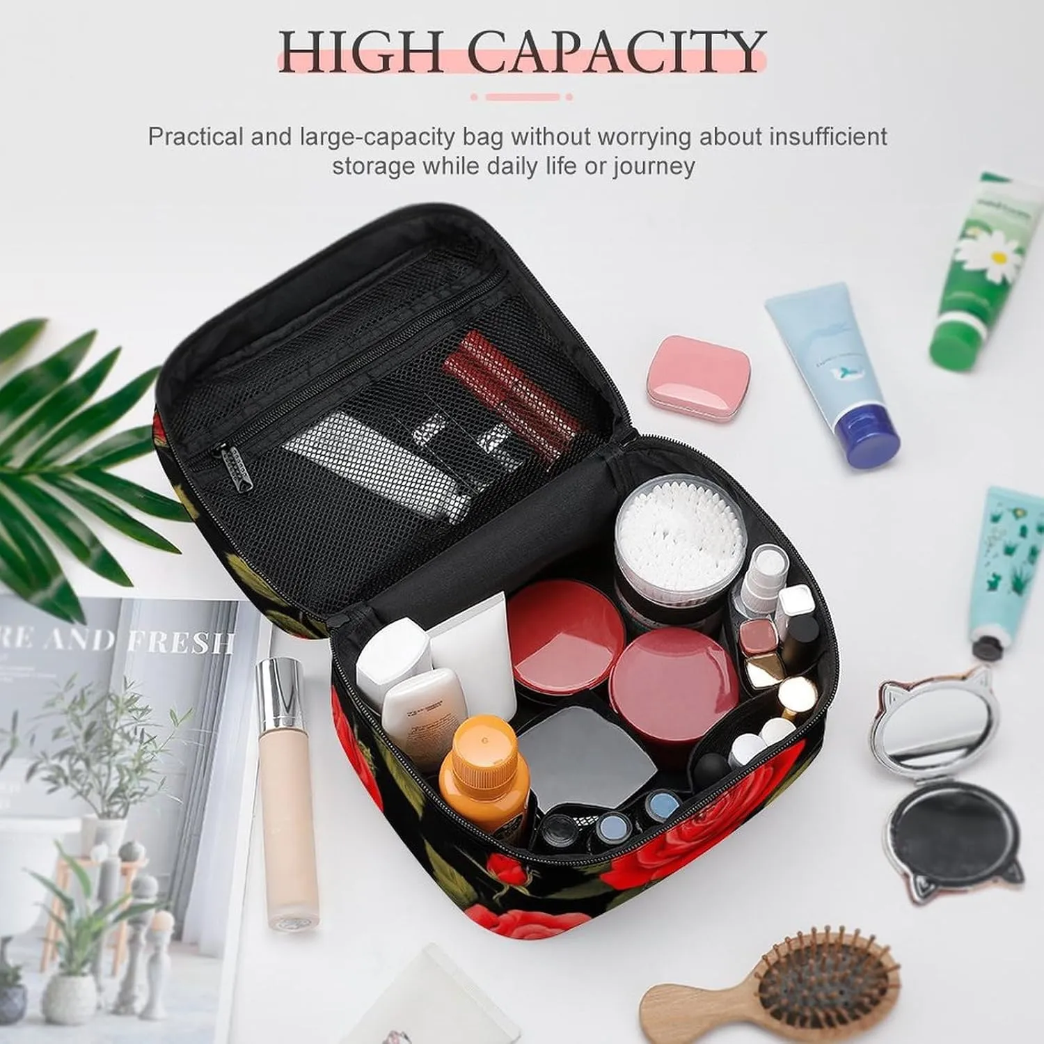Women's Travel Makeup Bag, Large Capacity Cosmetic Organizer Case Floral Flowers Black Red Roses Toiletry Bag with Zipper Pouch