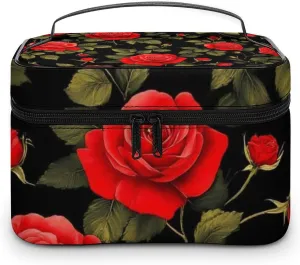Women's Travel Makeup Bag, Large Capacity Cosmetic Organizer Case Floral Flowers Black Red Roses Toiletry Bag with Zipper Pouch