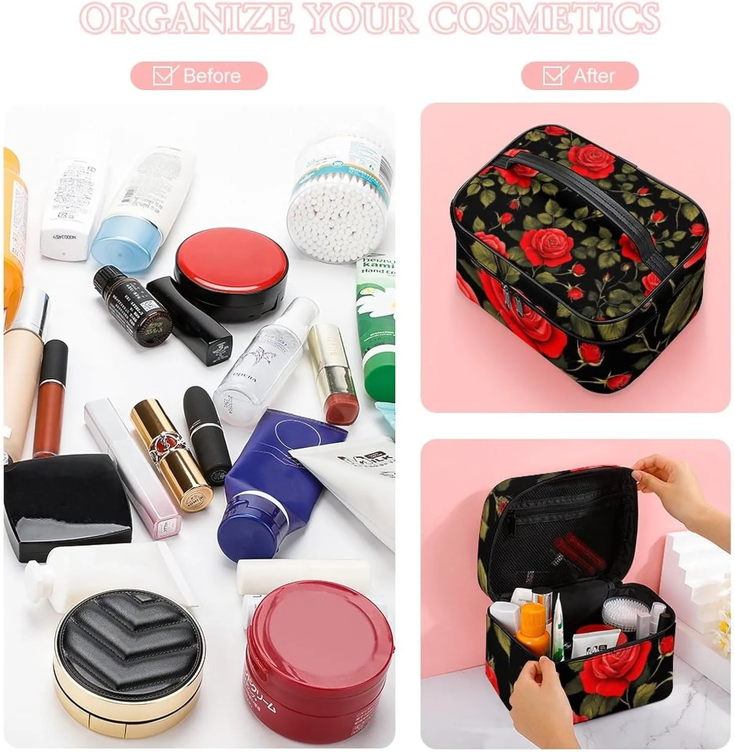 Women's Travel Makeup Bag, Large Capacity Cosmetic Organizer Case Floral Flowers Black Red Roses Toiletry Bag with Zipper Pouch