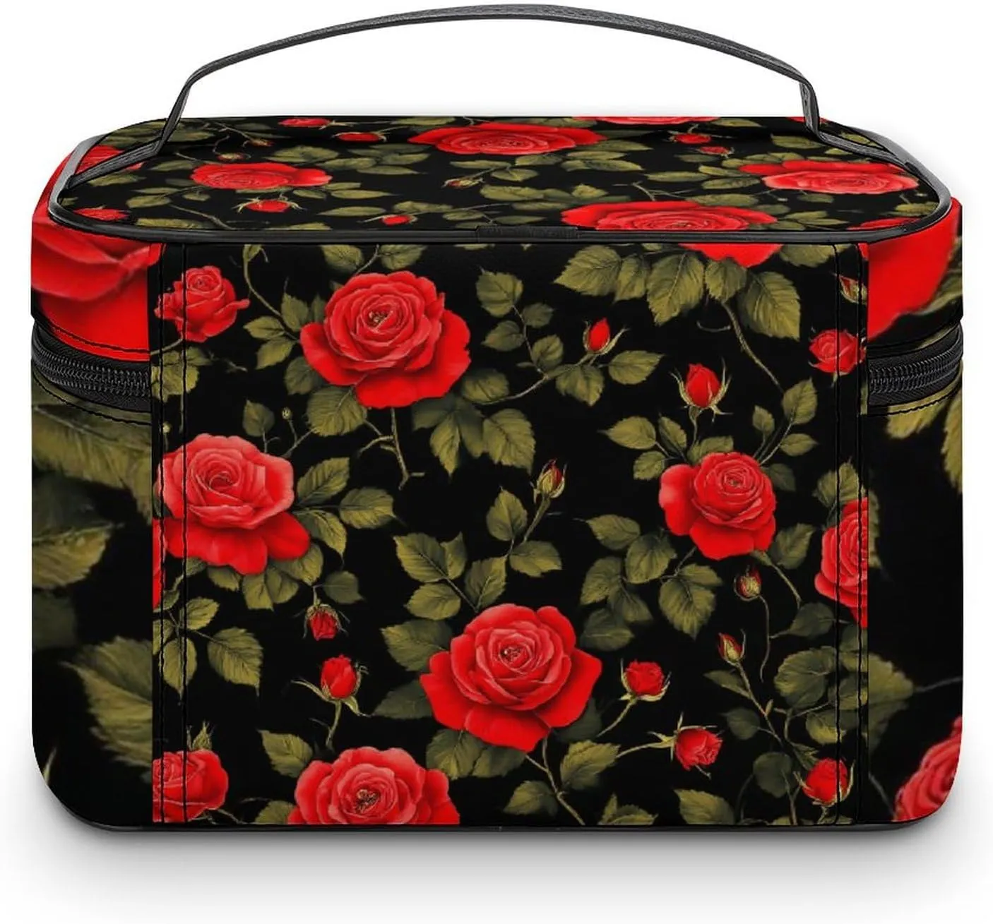 Women's Travel Makeup Bag, Large Capacity Cosmetic Organizer Case Floral Flowers Black Red Roses Toiletry Bag with Zipper Pouch