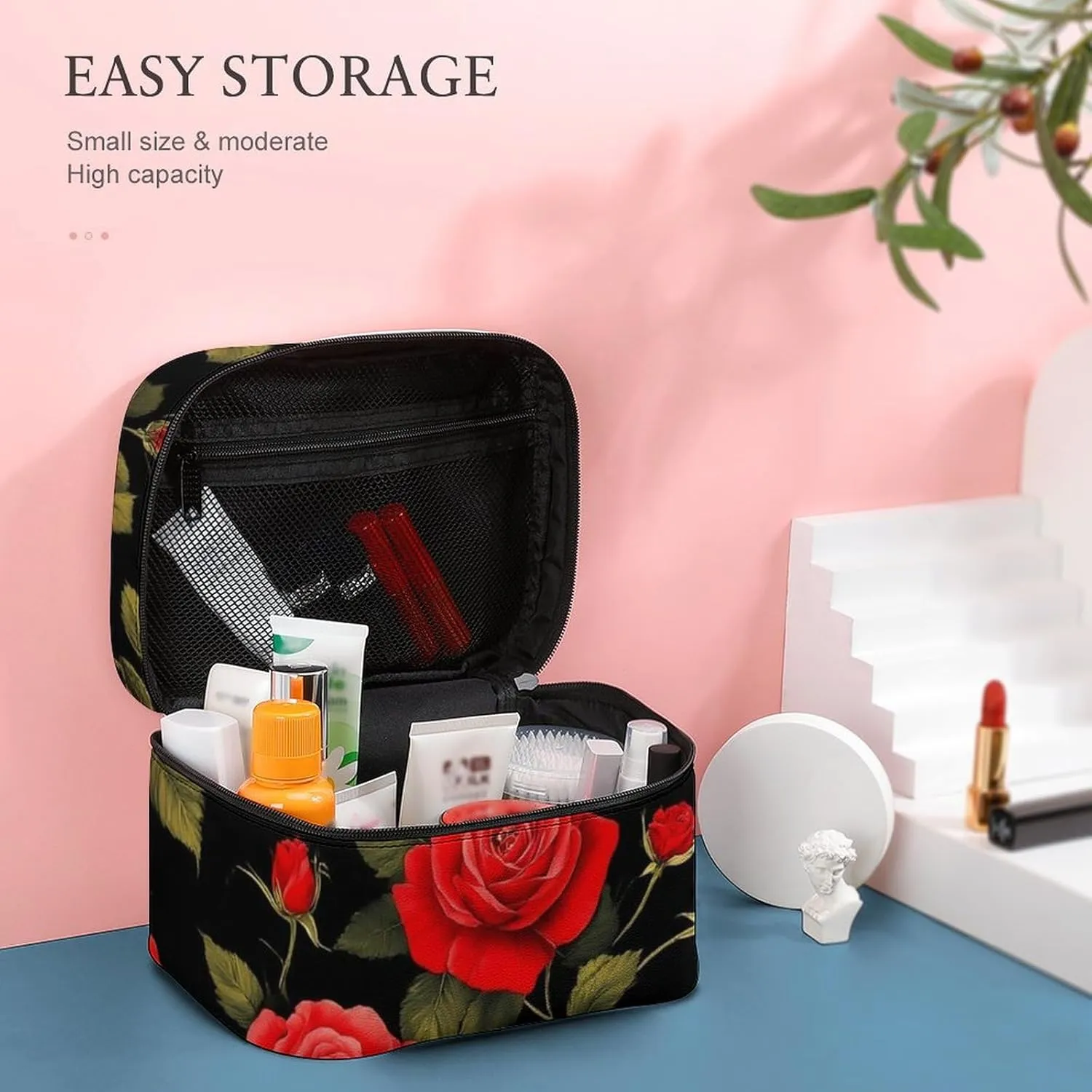 Women's Travel Makeup Bag, Large Capacity Cosmetic Organizer Case Floral Flowers Black Red Roses Toiletry Bag with Zipper Pouch