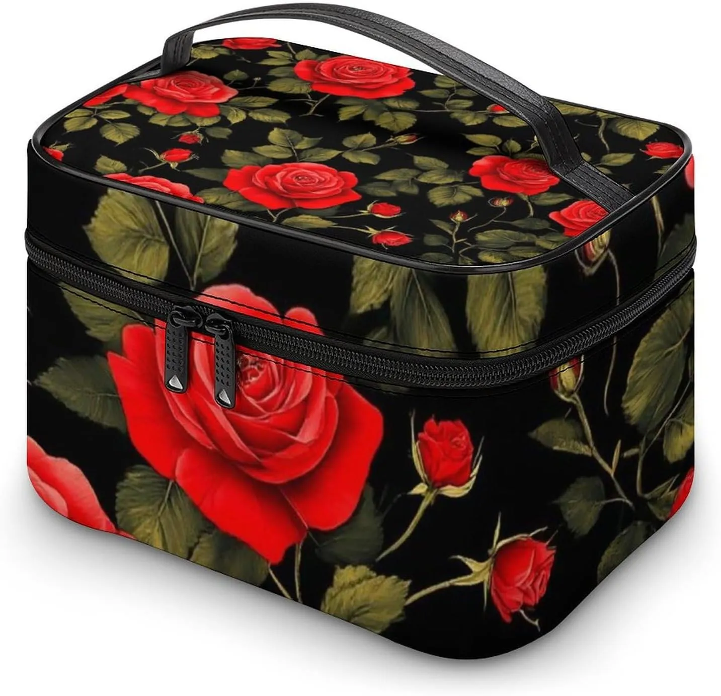Women's Travel Makeup Bag, Large Capacity Cosmetic Organizer Case Floral Flowers Black Red Roses Toiletry Bag with Zipper Pouch