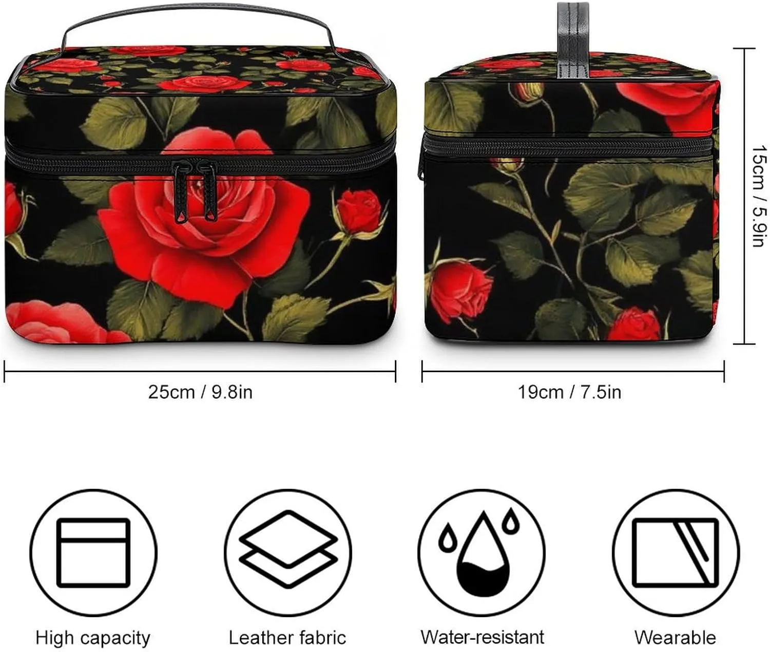 Women's Travel Makeup Bag, Large Capacity Cosmetic Organizer Case Floral Flowers Black Red Roses Toiletry Bag with Zipper Pouch