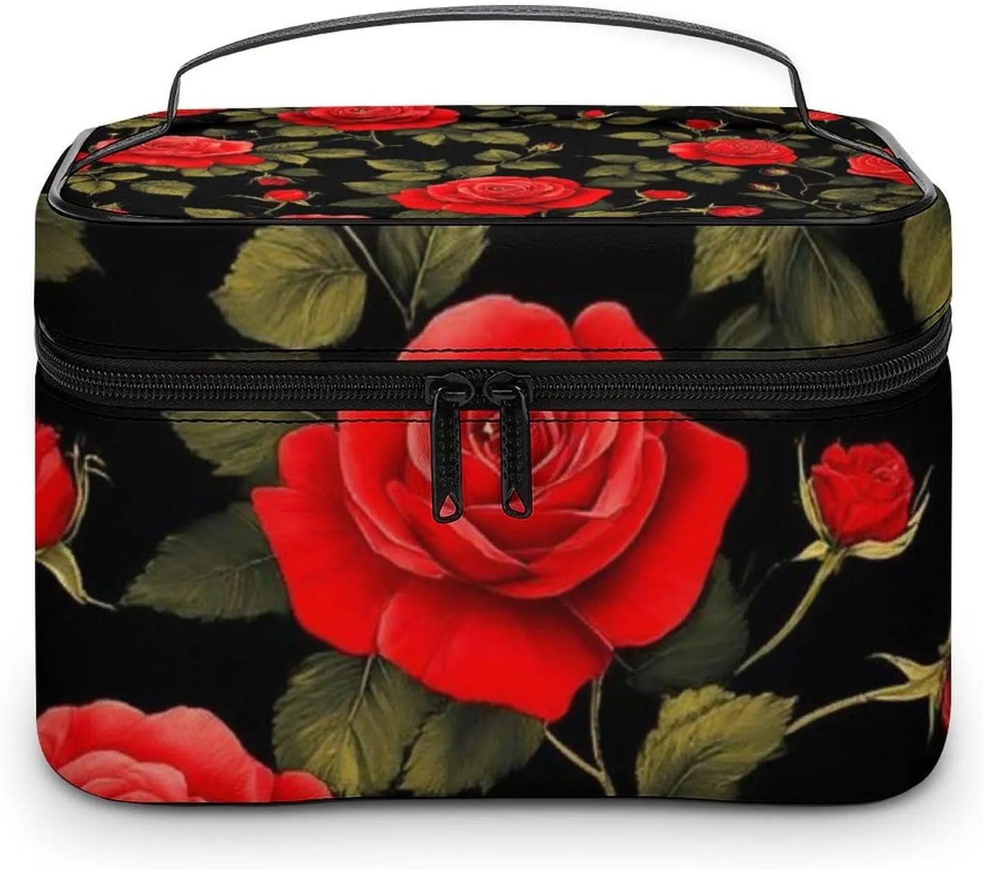 Women's Travel Makeup Bag, Large Capacity Cosmetic Organizer Case Floral Flowers Black Red Roses Toiletry Bag with Zipper Pouch