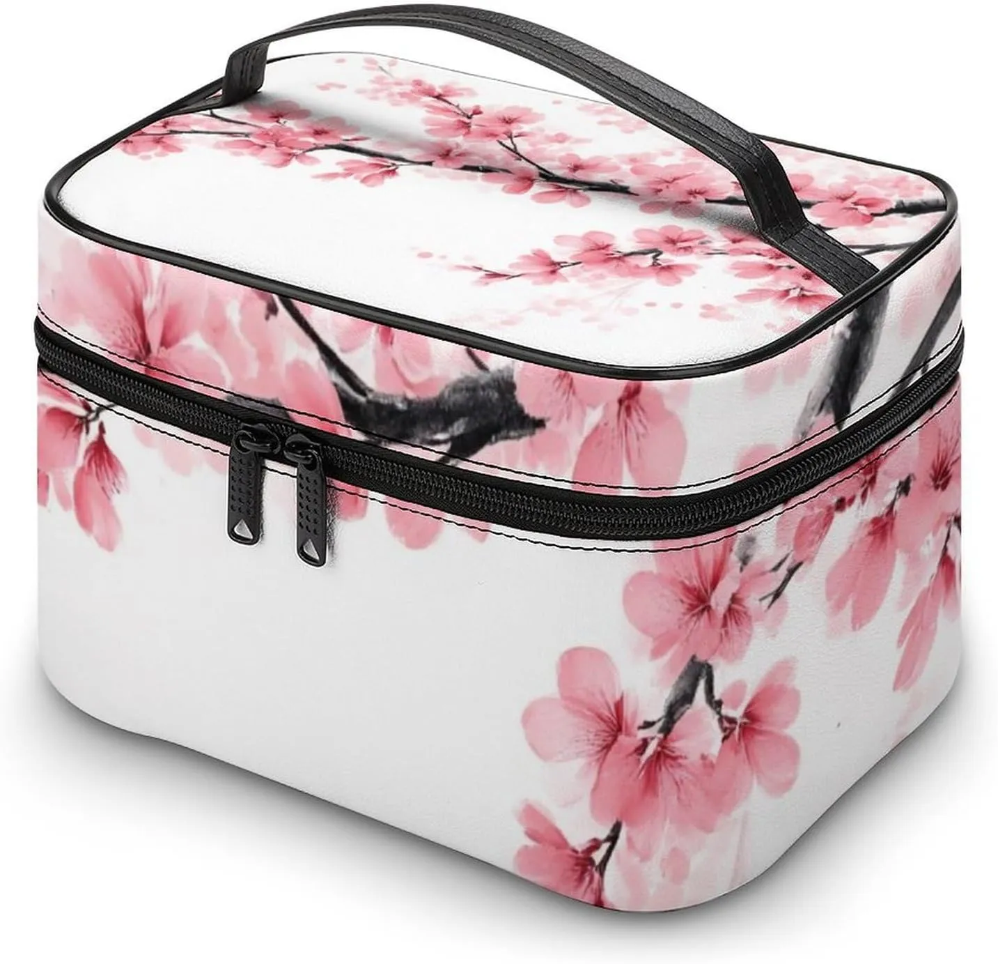 Womens Travel Makeup Bag, Waterproof Cosmetic Organizer Case Branch Of A Flourishing Tree Cherry Flowers Blossoms Spring Theme Art Toiletry Storage Bag with Zipper Mesh Pouch