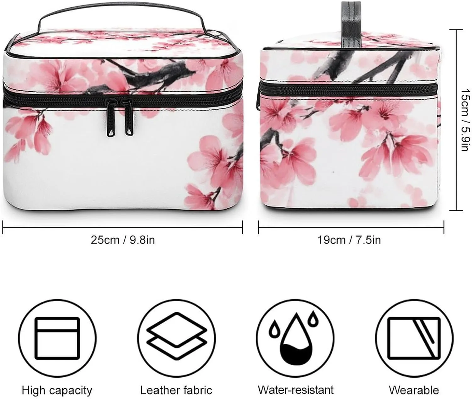 Womens Travel Makeup Bag, Waterproof Cosmetic Organizer Case Branch Of A Flourishing Tree Cherry Flowers Blossoms Spring Theme Art Toiletry Storage Bag with Zipper Mesh Pouch