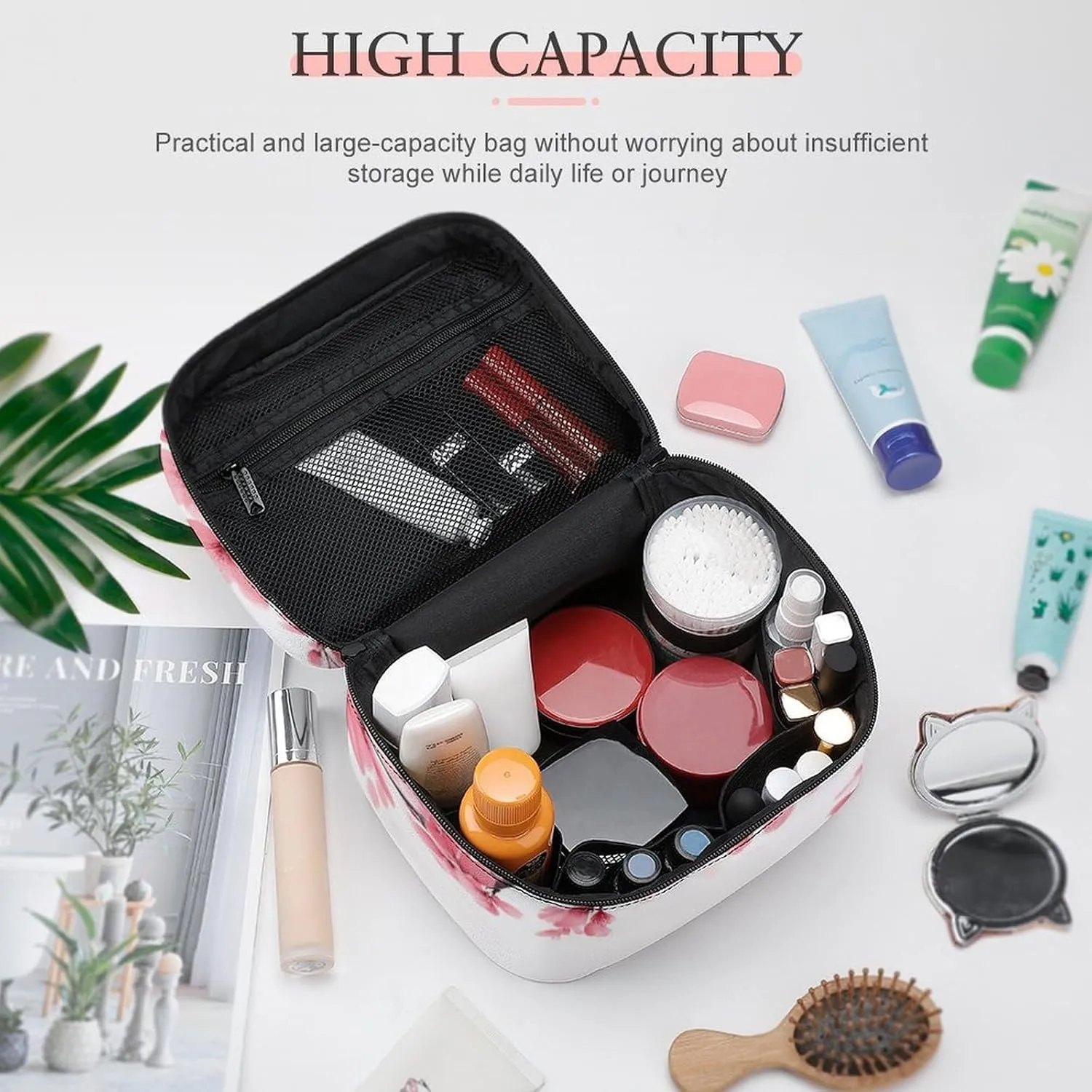 Womens Travel Makeup Bag, Waterproof Cosmetic Organizer Case Branch Of A Flourishing Tree Cherry Flowers Blossoms Spring Theme Art Toiletry Storage Bag with Zipper Mesh Pouch
