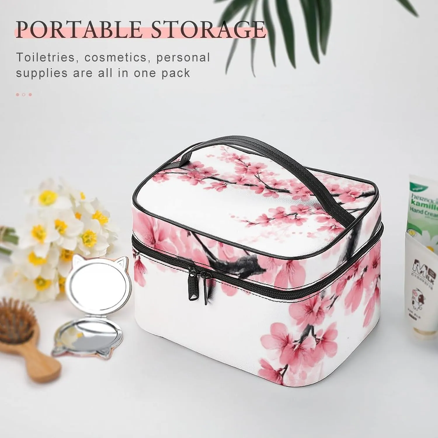 Womens Travel Makeup Bag, Waterproof Cosmetic Organizer Case Branch Of A Flourishing Tree Cherry Flowers Blossoms Spring Theme Art Toiletry Storage Bag with Zipper Mesh Pouch