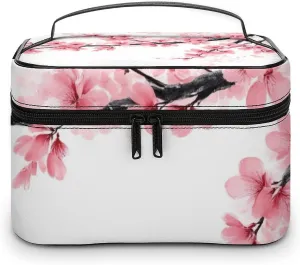 Womens Travel Makeup Bag, Waterproof Cosmetic Organizer Case Branch Of A Flourishing Tree Cherry Flowers Blossoms Spring Theme Art Toiletry Storage Bag with Zipper Mesh Pouch