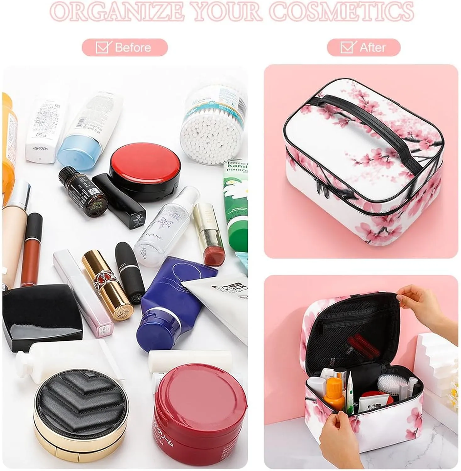Womens Travel Makeup Bag, Waterproof Cosmetic Organizer Case Branch Of A Flourishing Tree Cherry Flowers Blossoms Spring Theme Art Toiletry Storage Bag with Zipper Mesh Pouch