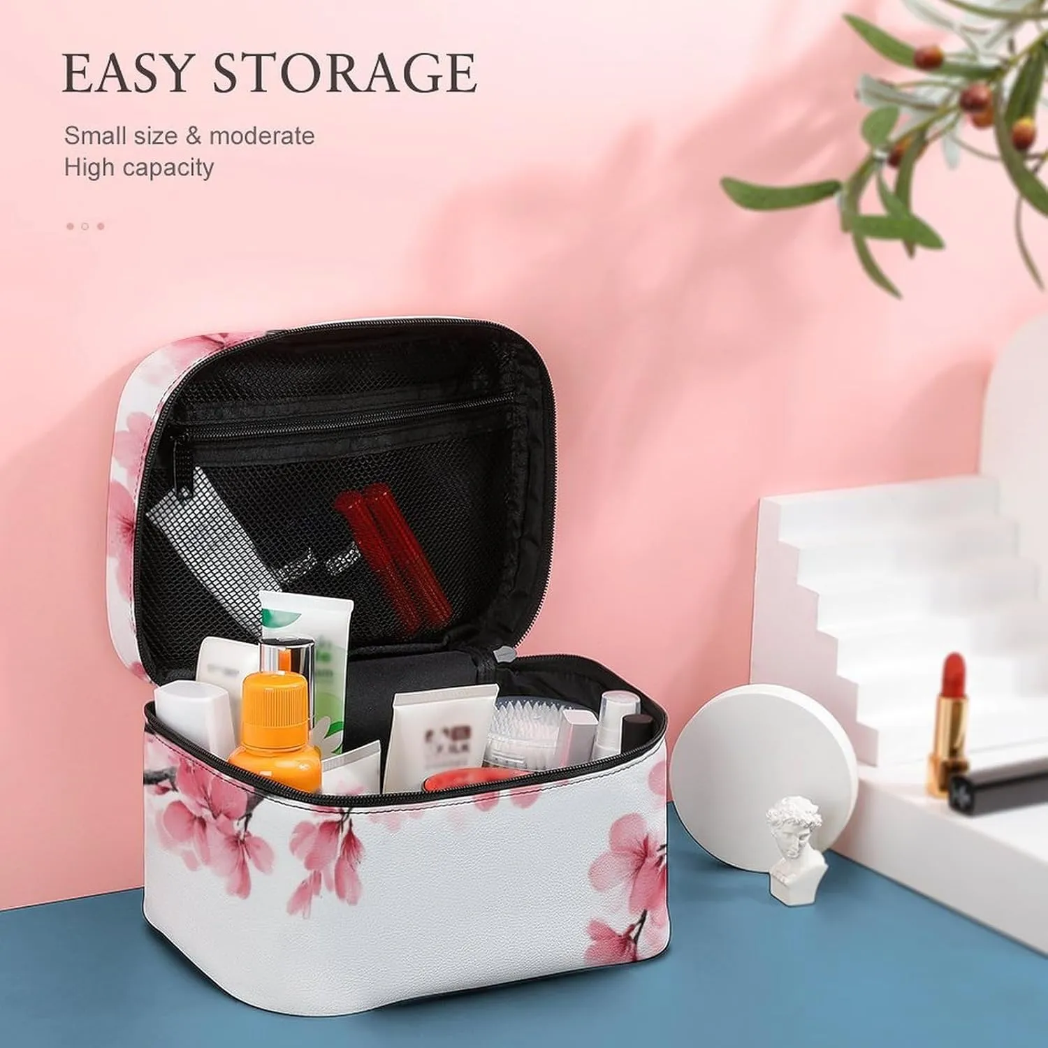 Womens Travel Makeup Bag, Waterproof Cosmetic Organizer Case Branch Of A Flourishing Tree Cherry Flowers Blossoms Spring Theme Art Toiletry Storage Bag with Zipper Mesh Pouch