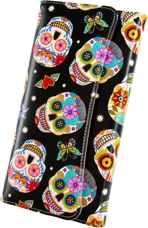 Womens Wallet Leather RFID Blocking Trifold Ladies Purse long Clutch Credit Card Holder Phone Checkbook Organizer (Butterfly Sugar Skulls)