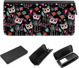 Women's Zip Around Wallet and Phone Clutch - RFID Blocking with Card Holder Organizer - Day of the dead cat skeleton sugar skull