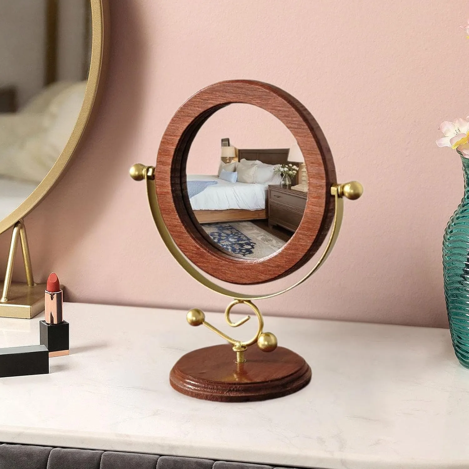 Wood Makeup Mirror Stand Mirrors Retro Housewarming Gift Rotating Dressing Mirror Desktop Ornament for Hotel Household Indoor, Gold