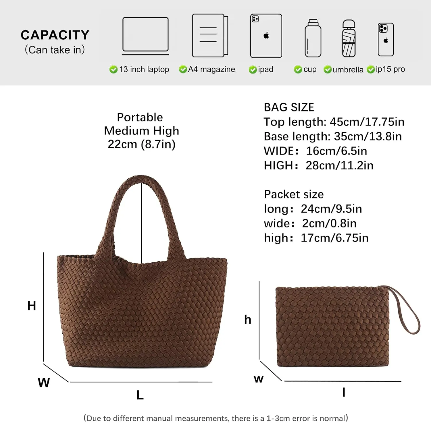 Woven Bag for Women, Large Neoprene Tote Bag Summer Beach Handbag Purse Retro Handmade Travel Shoulder Bag Set