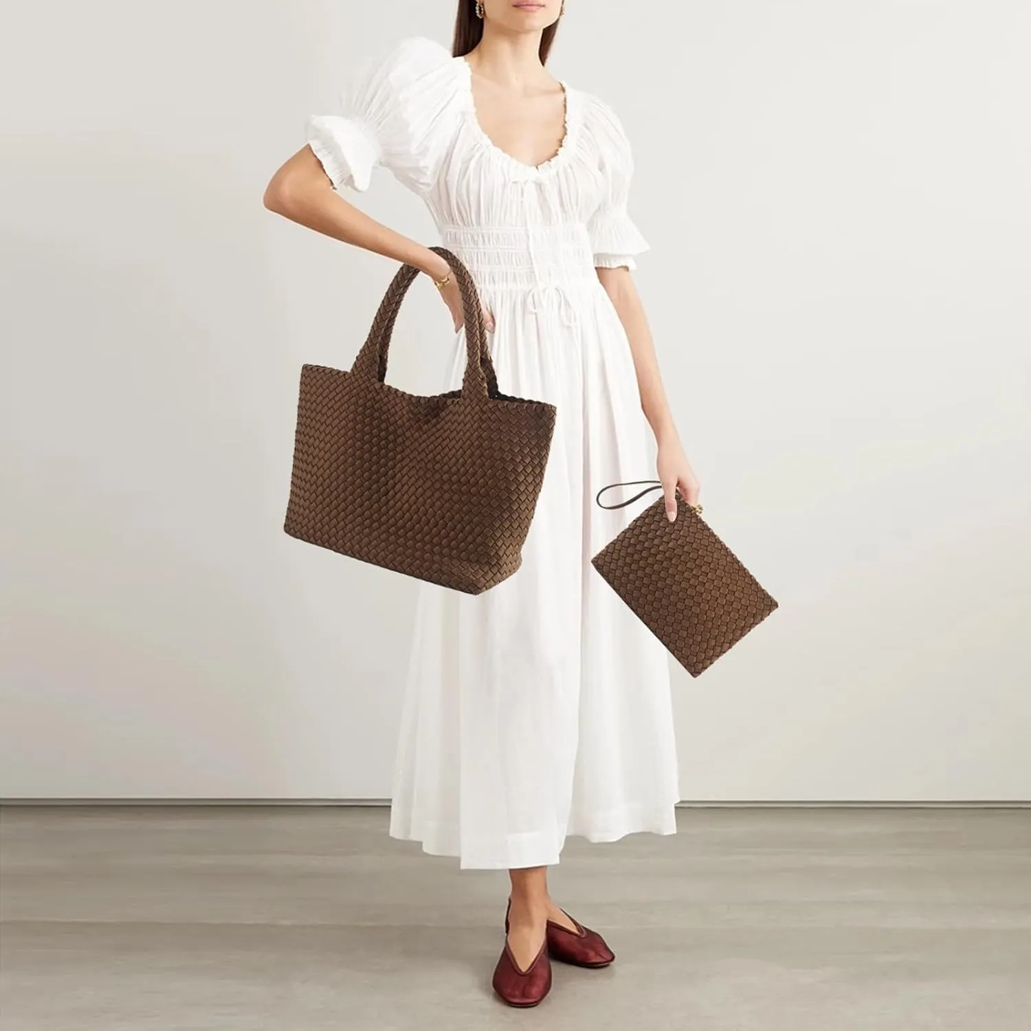 Woven Bag for Women, Large Neoprene Tote Bag Summer Beach Handbag Purse Retro Handmade Travel Shoulder Bag Set