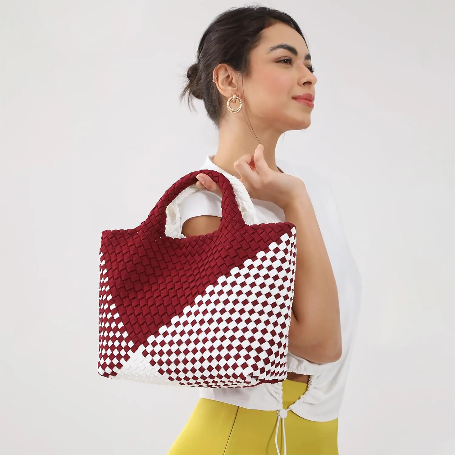 Woven Bag for Women, Neoprene Tote Bag Summer Beach Handbag Purse Retro Handmade Travel Shoulder Bag Set