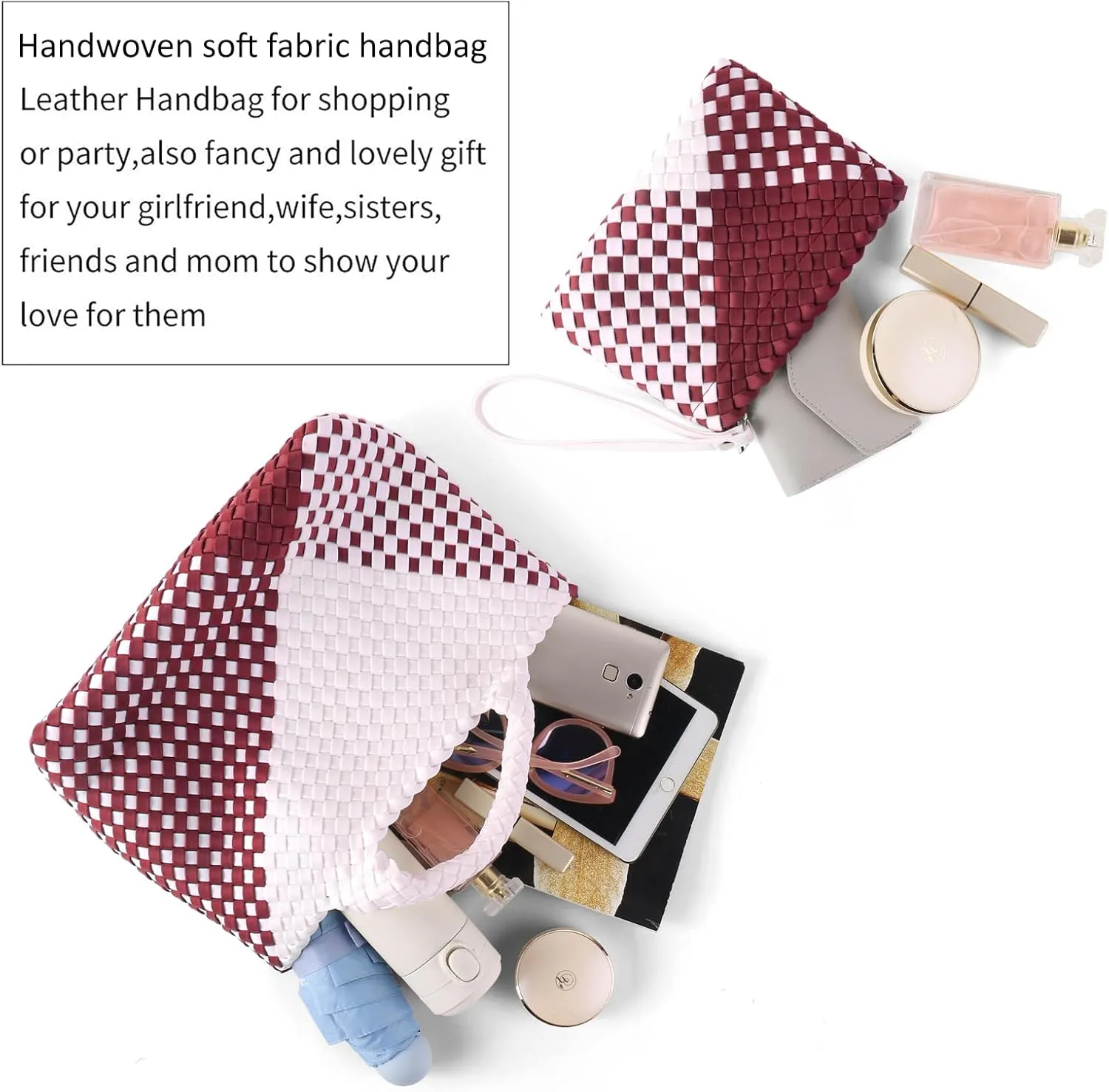 Woven Bag for Women, Neoprene Tote Bag Summer Beach Handbag Purse Retro Handmade Travel Shoulder Bag Set