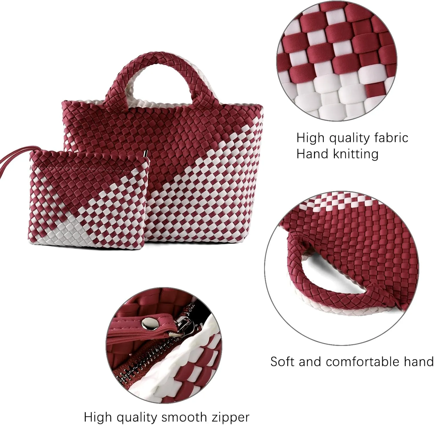 Woven Bag for Women, Neoprene Tote Bag Summer Beach Handbag Purse Retro Handmade Travel Shoulder Bag Set
