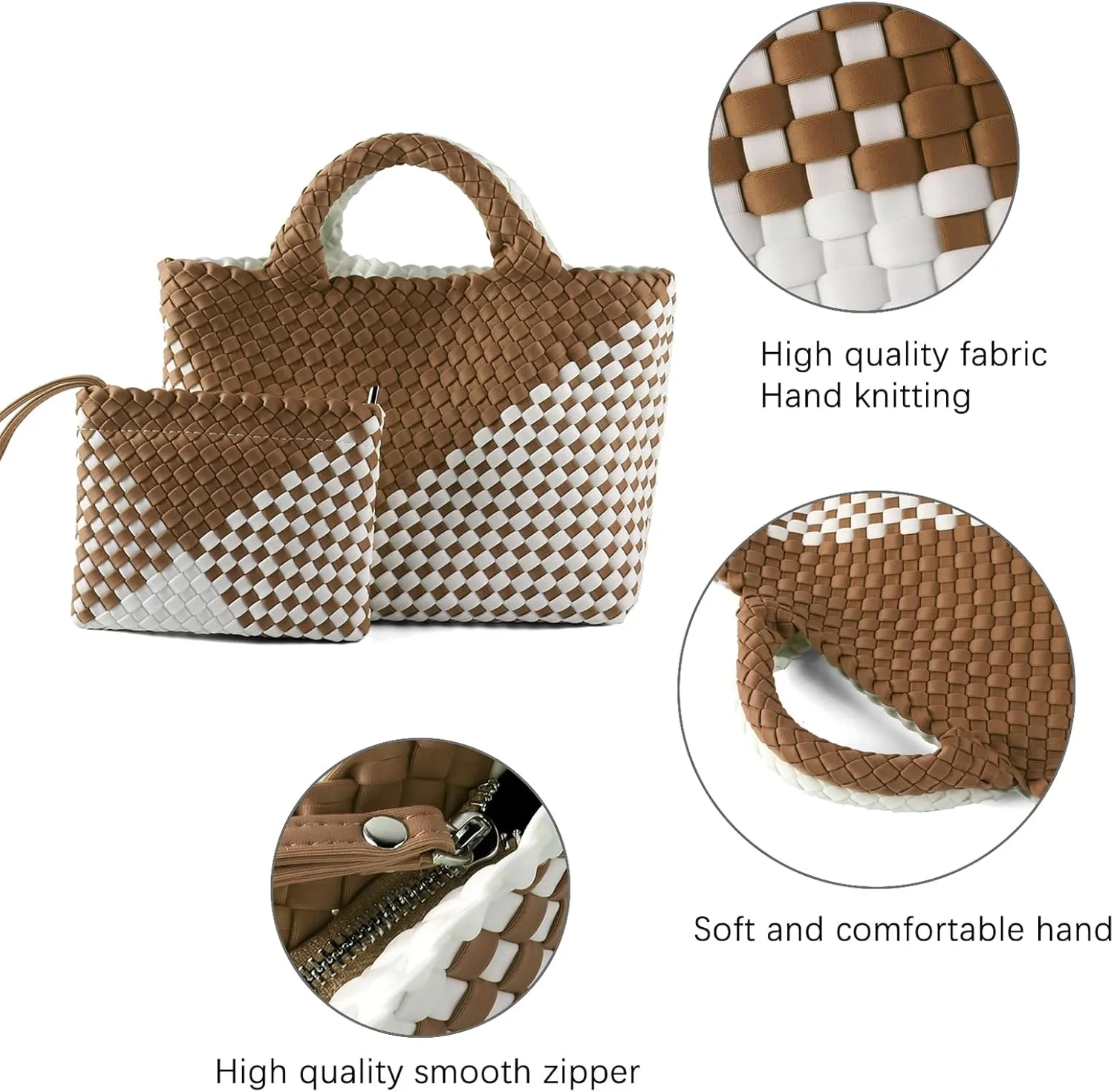 Woven Bag for Women, Neoprene Tote Bag Summer Beach Handbag Purse Retro Handmade Travel Shoulder Bag Set
