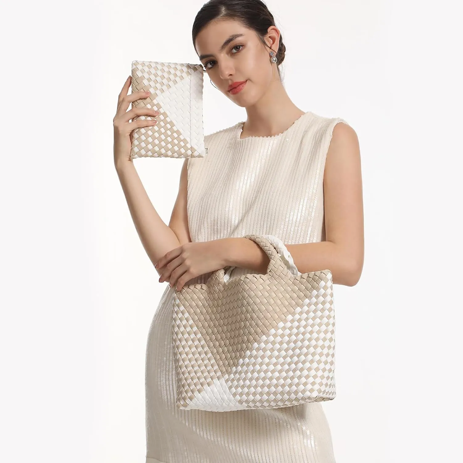 Woven Bag for Women Neoprene Tote Bag Summer Beach Travel Handbag and Purse Lightweight Foldable Retro Handmade Shoulder Bag
