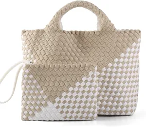 Woven Bag for Women Neoprene Tote Bag Summer Beach Travel Handbag and Purse Lightweight Foldable Retro Handmade Shoulder Bag