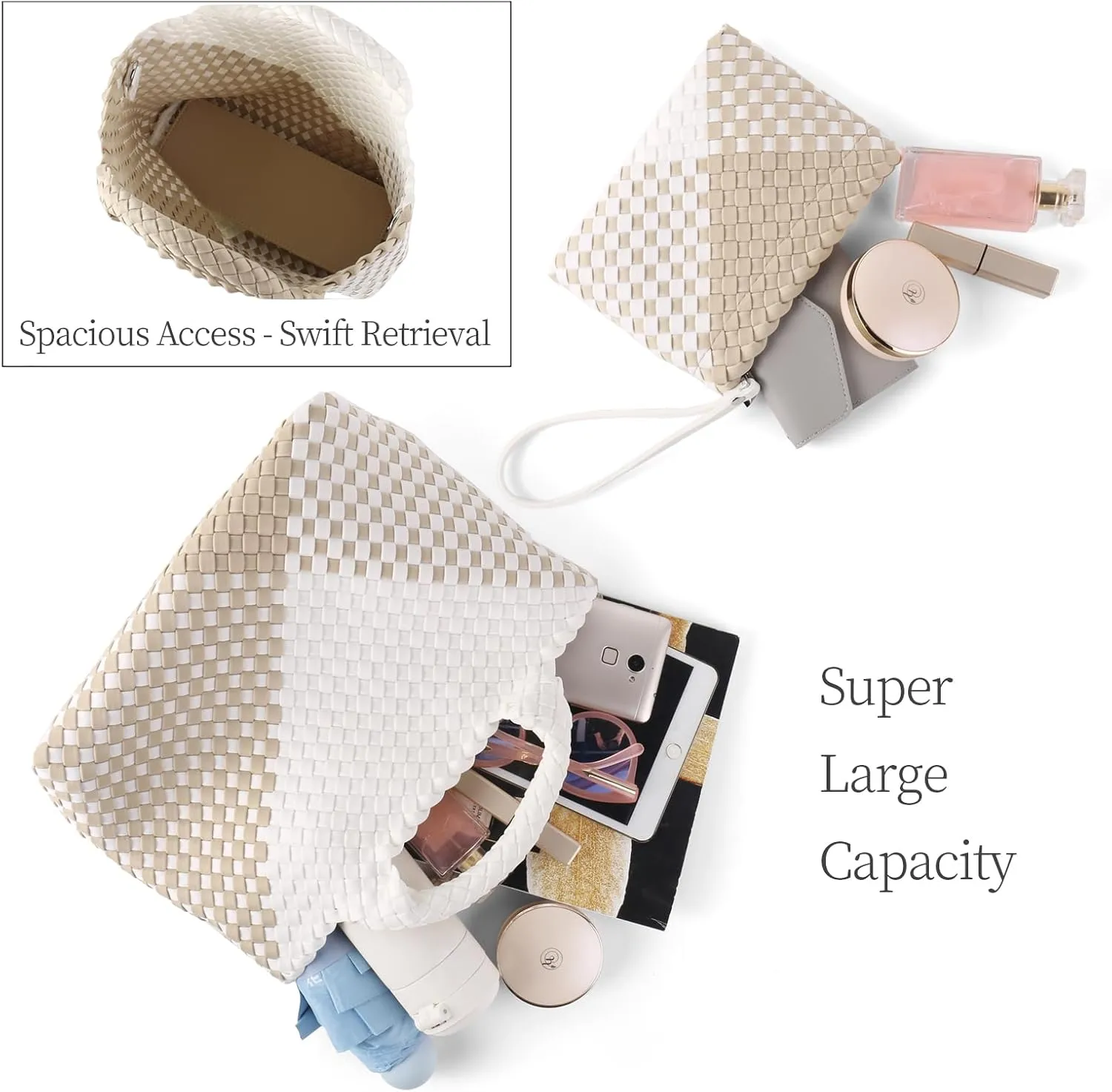 Woven Bag for Women Neoprene Tote Bag Summer Beach Travel Handbag and Purse Lightweight Foldable Retro Handmade Shoulder Bag