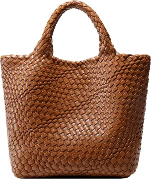 Woven Bag for Women, Vegan Leather Tote Bag Large Summer Beach Travel Handbag and Purse Retro Handmade Shoulder Bag