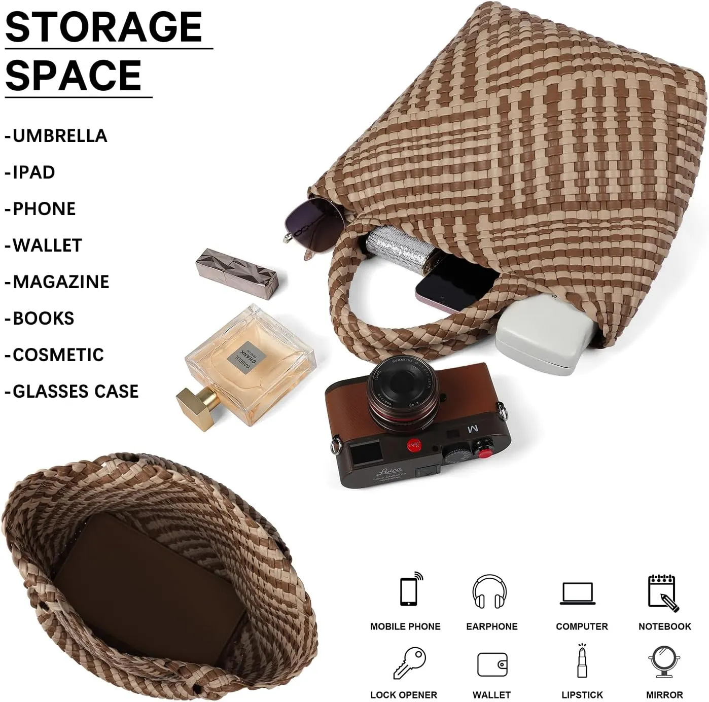 Woven Bag for Women, Vegan Leather Tote Bag Large Summer Beach Travel Handbag and Purse Retro Handmade Shoulder Bag