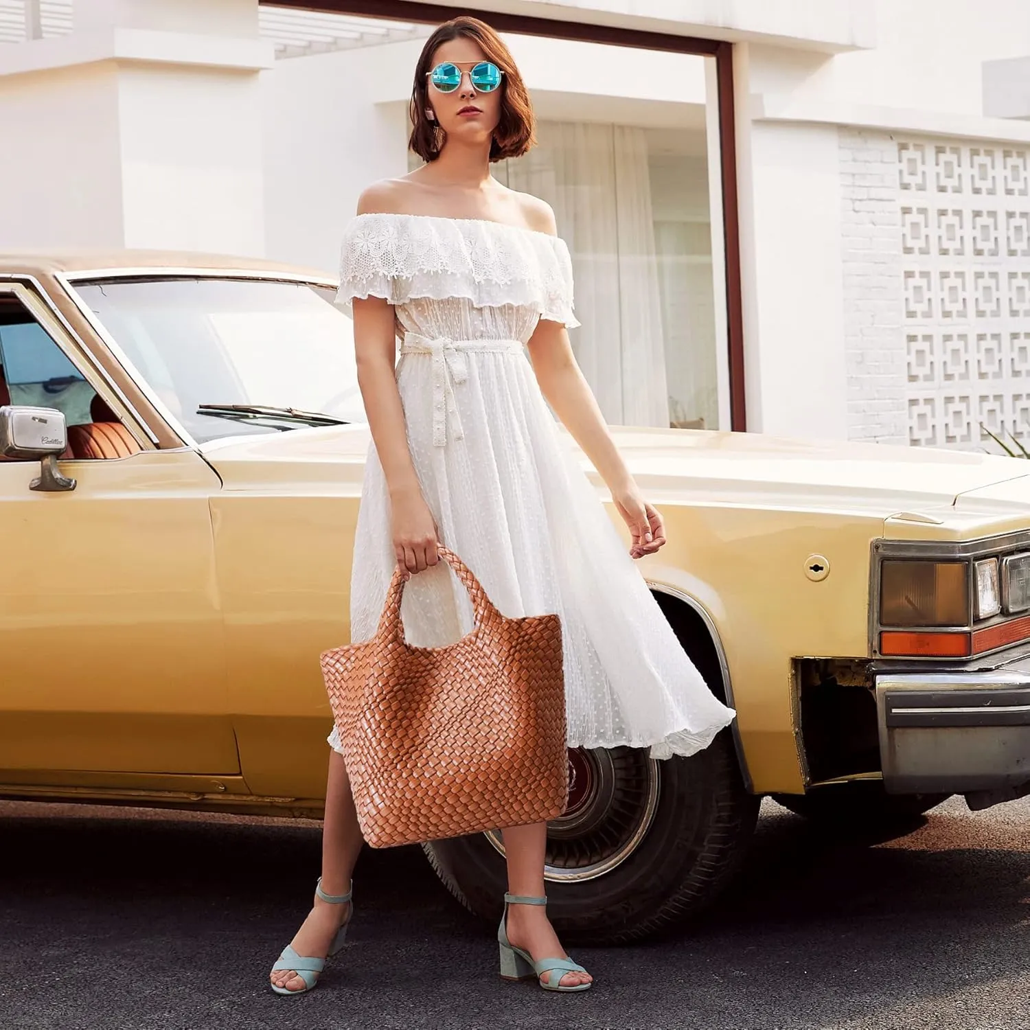 Woven Bag for Women, Vegan Leather Tote Bag Large Summer Beach Travel Handbag and Purse Retro Handmade Shoulder Bag