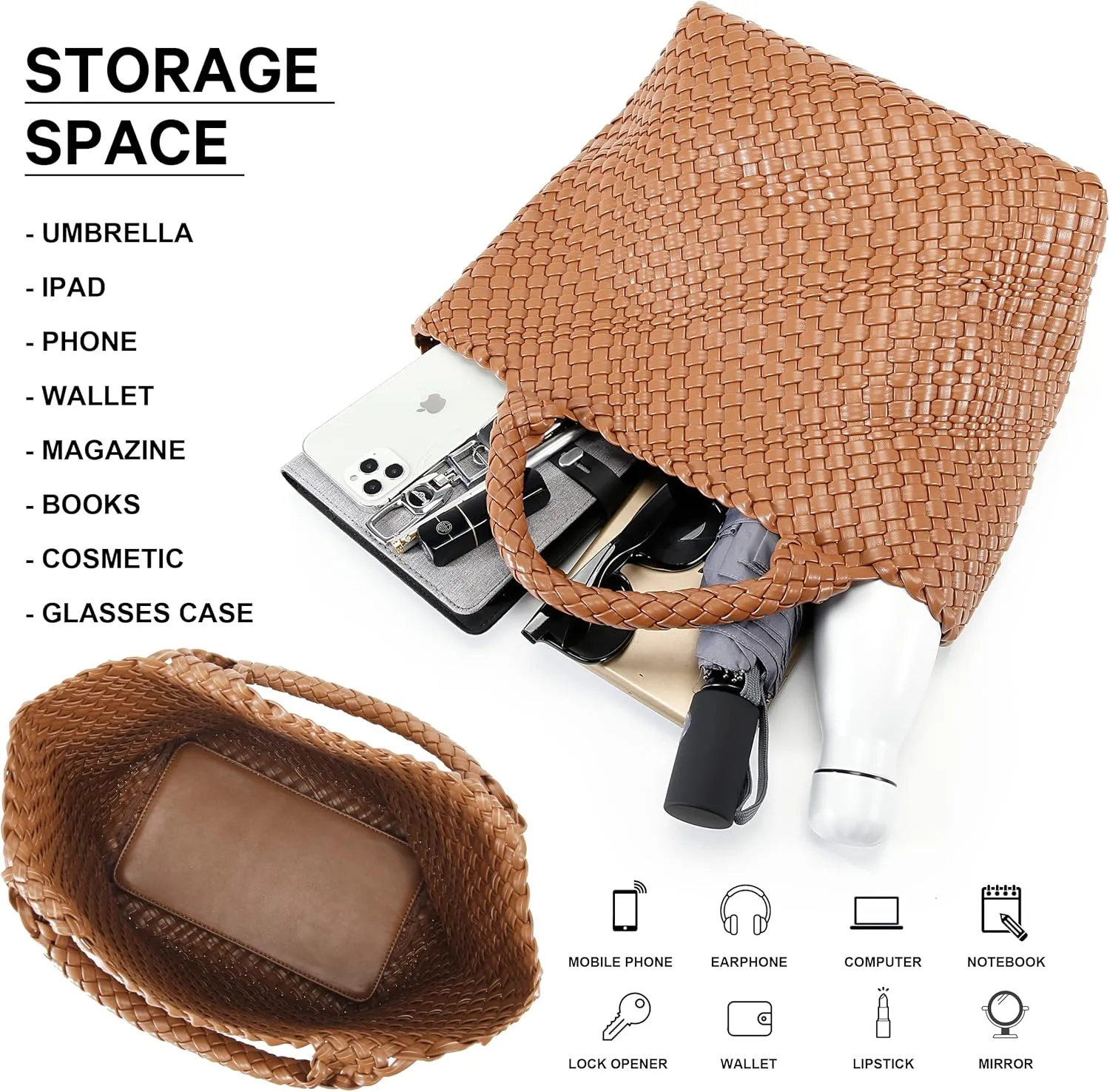 Woven Bag for Women, Vegan Leather Tote Bag Large Summer Beach Travel Handbag and Purse Retro Handmade Shoulder Bag
