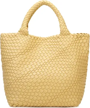 Woven Bag for Women, Vegan Leather Tote Bag Large Summer Beach Travel Handbag and Purse Retro Handmade Shoulder Bag