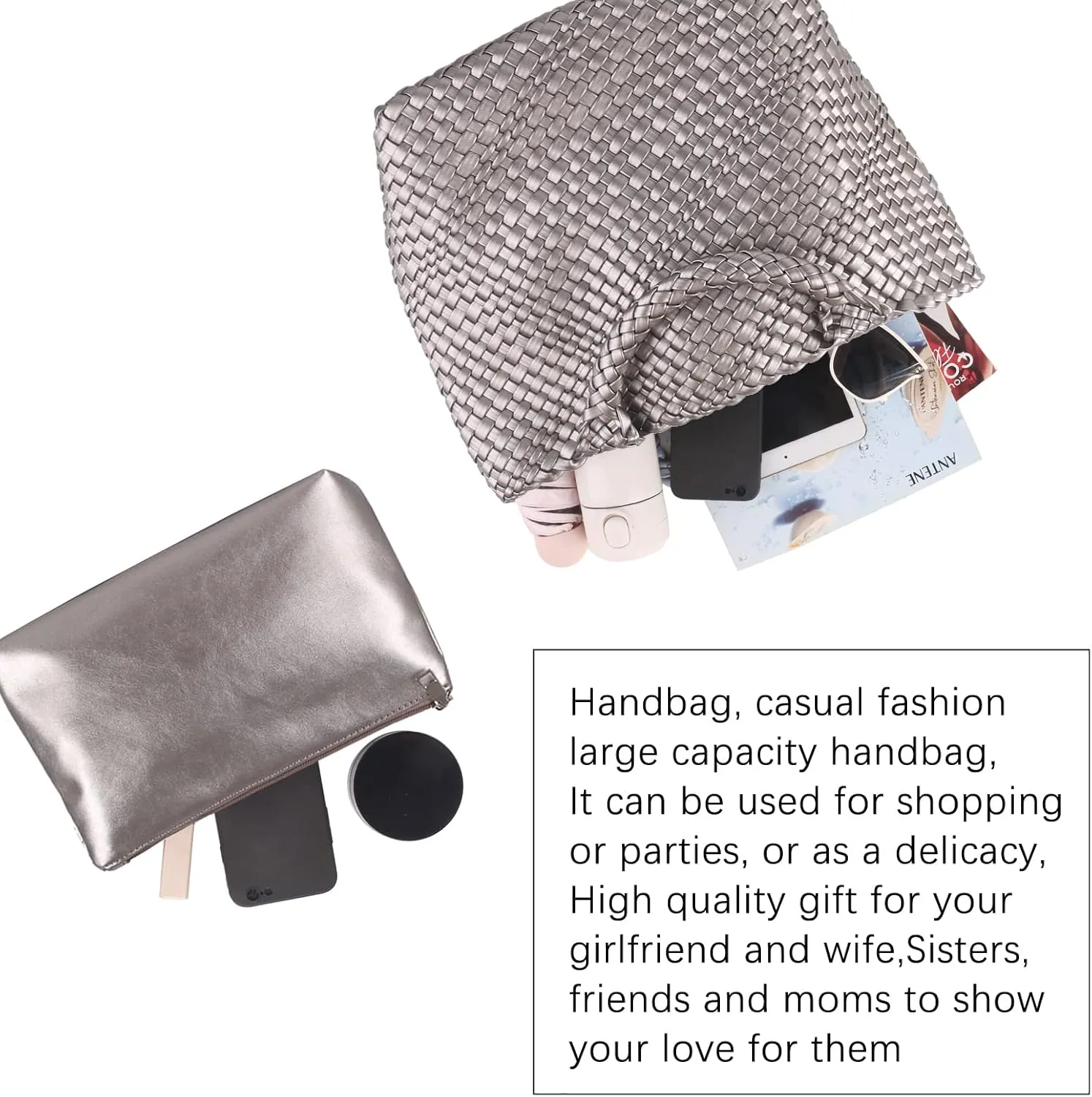 Woven Beach Tote Bag, Women Macaron Soft Leather Weave Handbag with Purse Top-handle Handbag for Work Travel