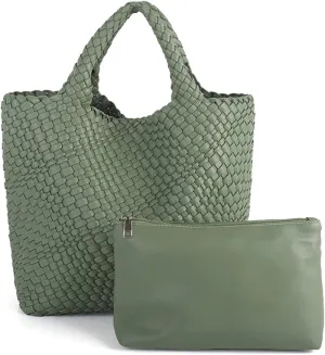 Woven Beach Tote Bag, Women Macaron Soft Leather Weave Handbag with Purse Top-handle Handbag for Work Travel