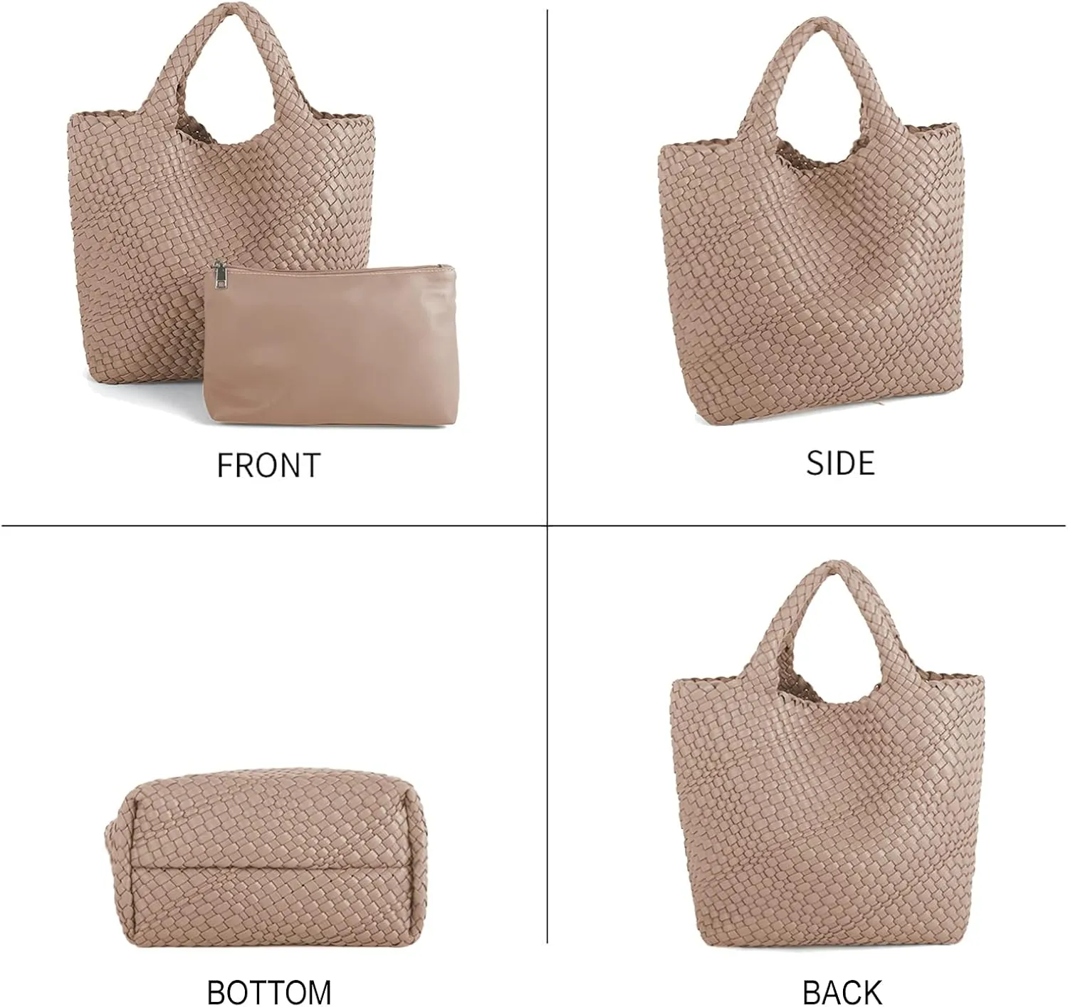 Woven Beach Tote Bag, Women Macaron Soft Leather Weave Handbag with Purse Top-handle Handbag for Work Travel