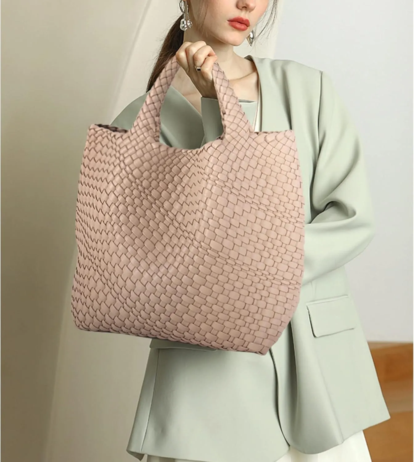 Woven Beach Tote Bag, Women Macaron Soft Leather Weave Handbag with Purse Top-handle Handbag for Work Travel