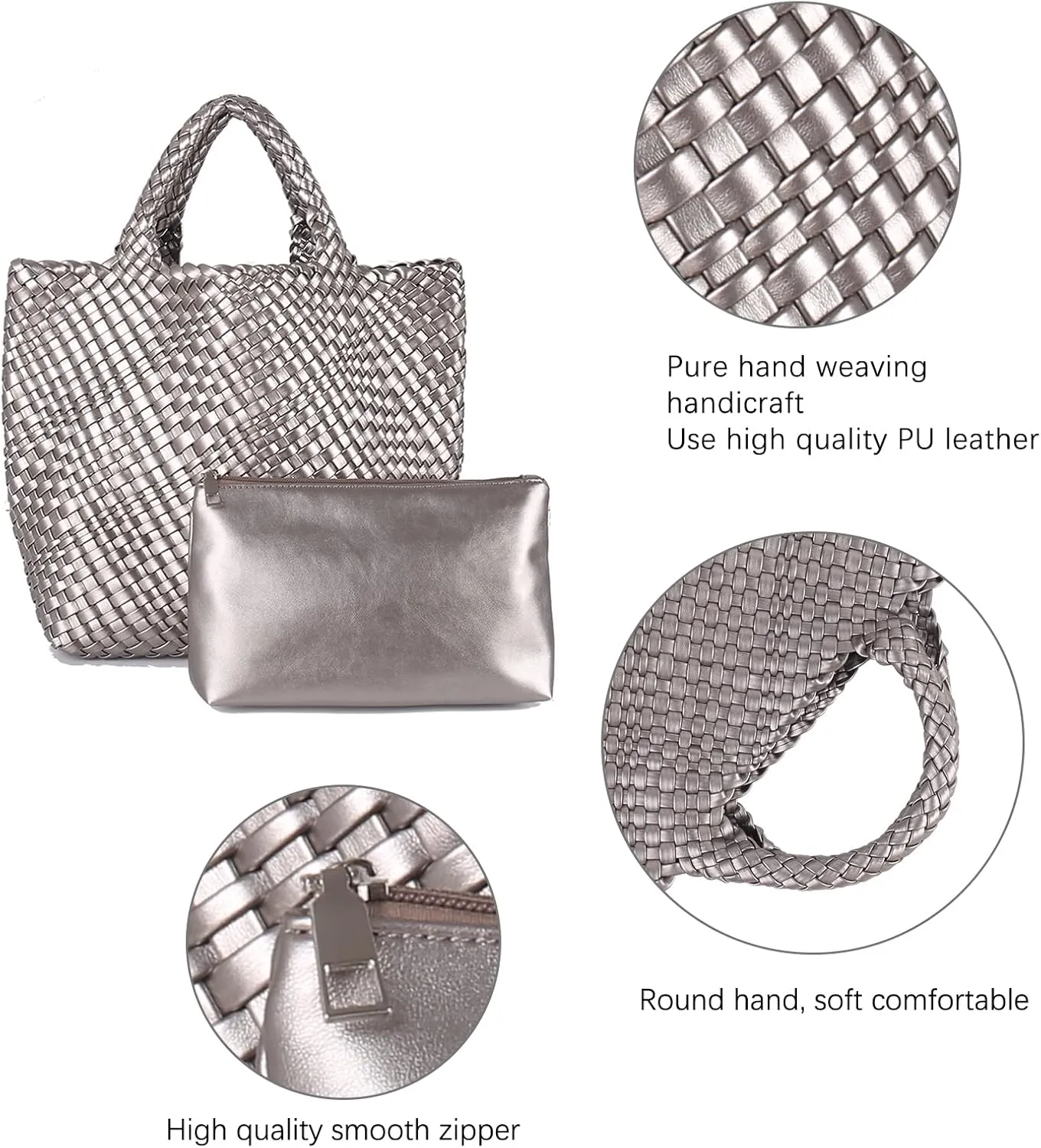 Woven Beach Tote Bag, Women Macaron Soft Leather Weave Handbag with Purse Top-handle Handbag for Work Travel