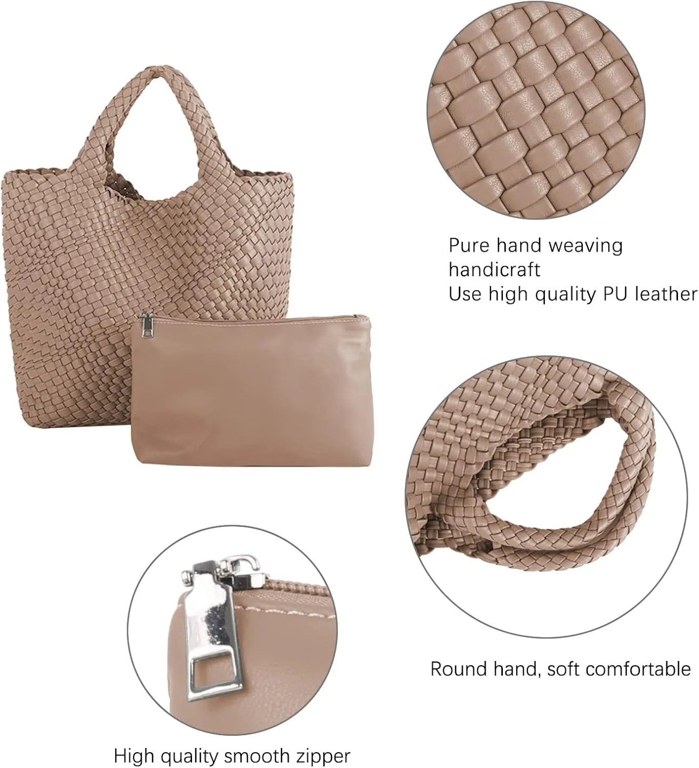 Woven Beach Tote Bag, Women Macaron Soft Leather Weave Handbag with Purse Top-handle Handbag for Work Travel