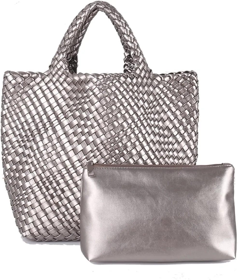 Woven Beach Tote Bag, Women Macaron Soft Leather Weave Handbag with Purse Top-handle Handbag for Work Travel